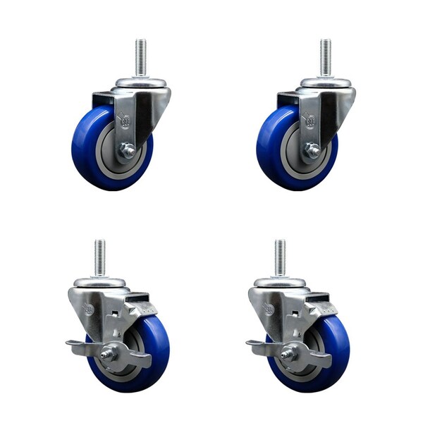 Service Caster 35 Inch Blue Polyurethane Wheel Swivel 34 Inch Threaded Stem Caster Set 2 Brakes SCC SCC-TS20S3514-PPUB-BLUE-34212-2-TLB2 - main